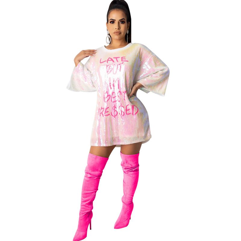 Damenbekleidung Sexy Damen-Hüftkleid mit Buchstaben-Pailletten_voghion.com
