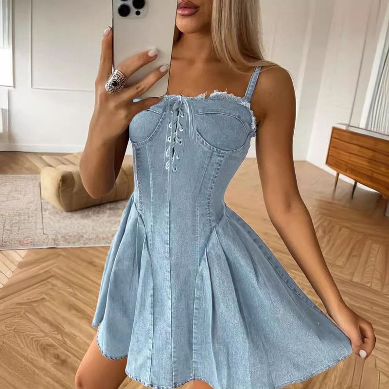 Women's Clothing new camisole denim dress short skirt waist sexy lace sleeveless_voghion.com