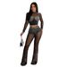 Damenbekleidung Mode Damen Einfarbig Mesh Hot Diamond Langarmhose Zweiteiliges Set_voghion.com