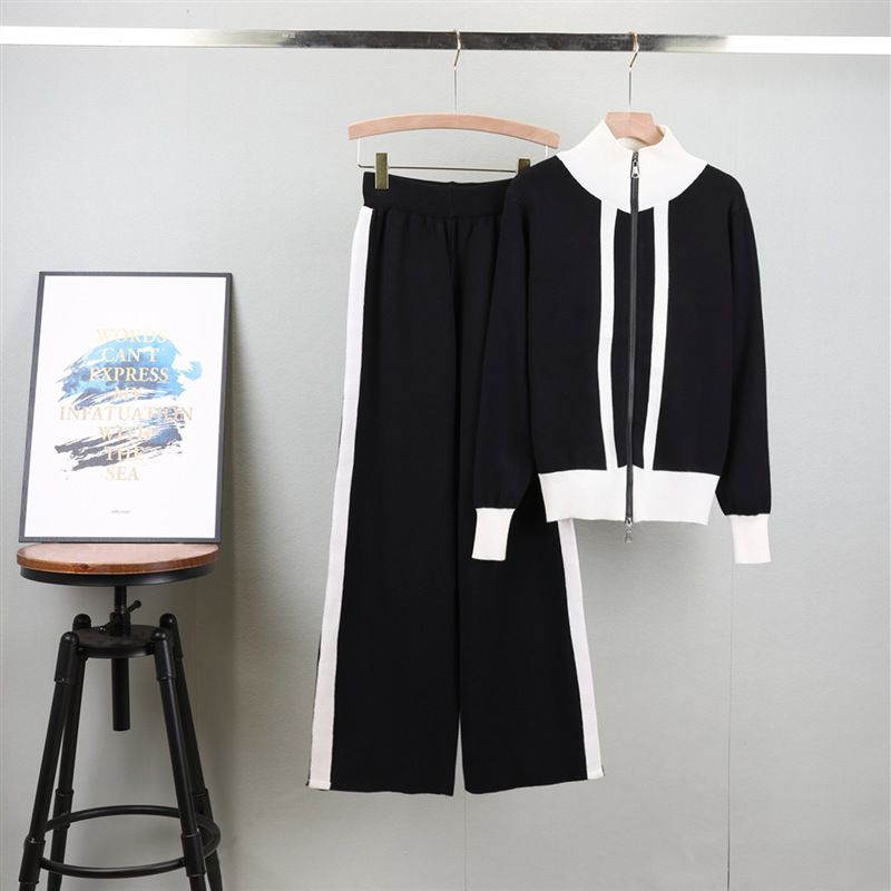 Women's Clothing fashionable suit autumn and winter zipper contrast color stand collar cardigan top high waist wide leg trousers knitted_voghion.com