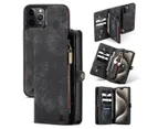 CaseMe para 14 Pro Max com zíper e bolsa de couro retrô removível, carteira, bolsa tipo carteira, capa de celular removível (preta)_voghion.com