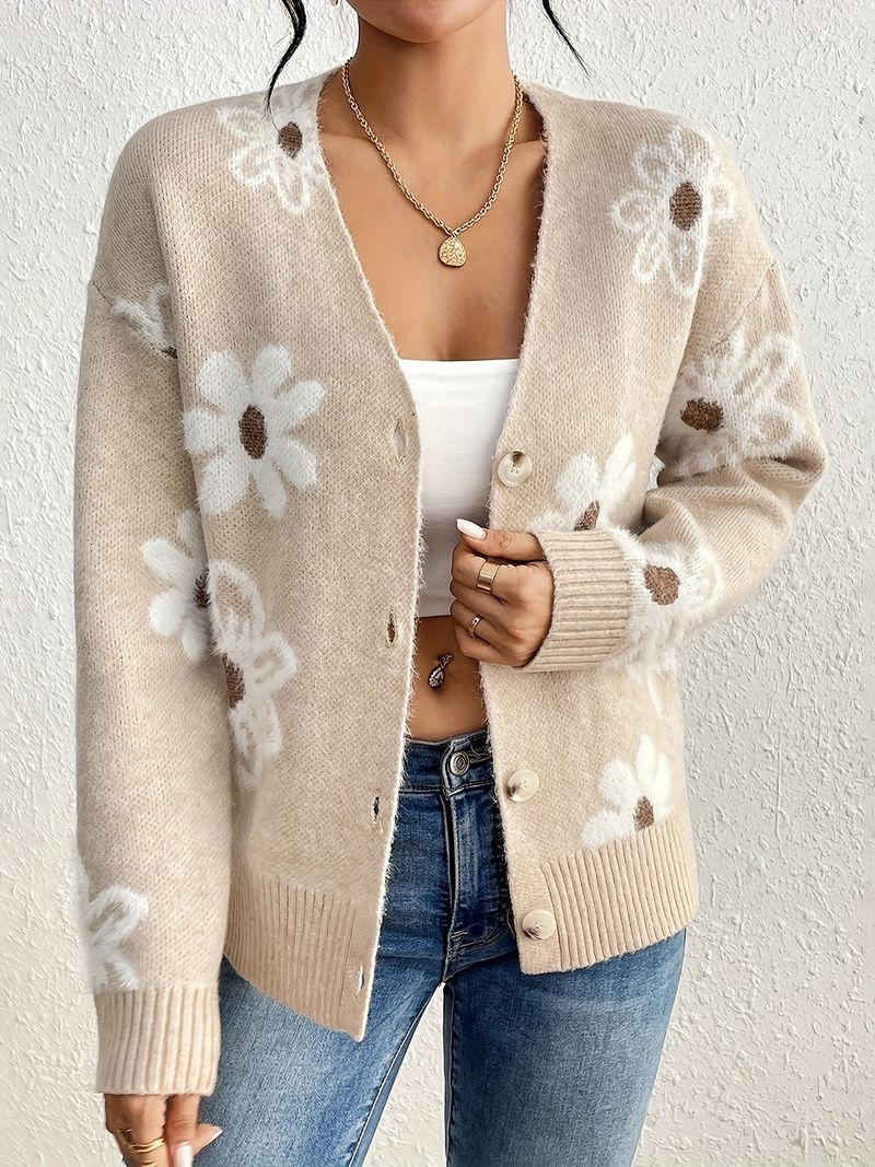 Cardigan in maglia larga da donna - Maglione leggero con scollo a V per primavera ed estate (cachi, S-L)_voghion.com