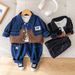 Kinderkleidung Neue Frühlings- und Herbst-Revers-Farbabstimmungsjacke für Jungen mit Buchstabendruck-Unterhemd und Jeanshose dreiteiliges Set_voghion.com