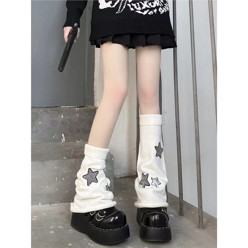 Calcetines negros de subcultura Y2k para mujer, calcetines largos de punto, cubrepiernas con estrellas, calcetines de chica sexy, Tide_voghion.com