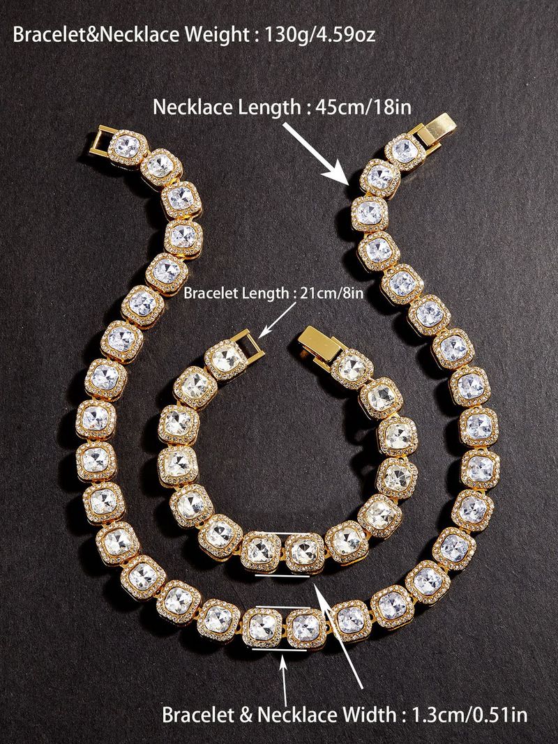 Stylish Rock Sugar Square Full Diamond Hip Hop Necklace Cuban Chain Bracelet Two-piece Set_voghion.com