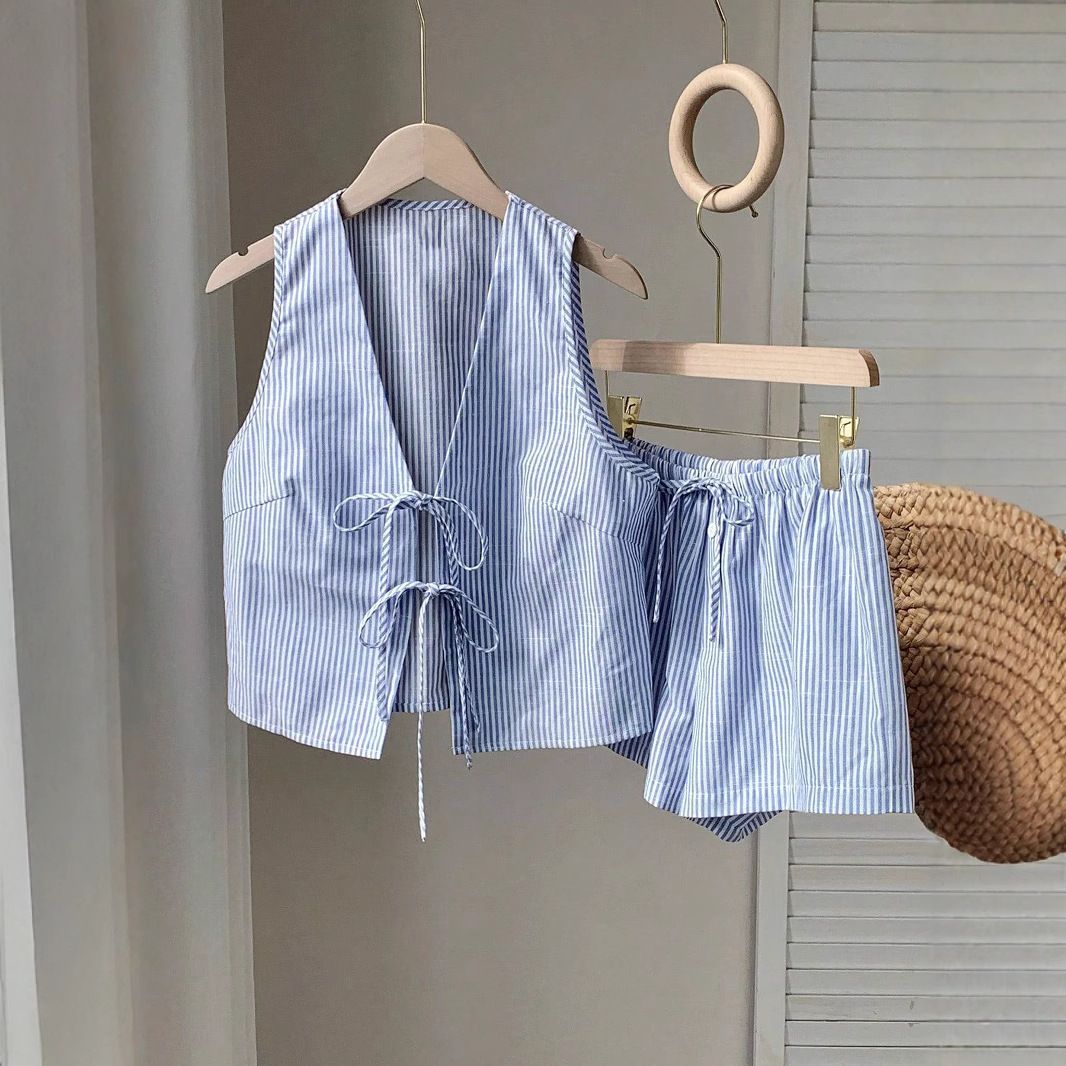 Ensemble deux pièces pour femme, short rayé, décontracté, sans manches, cardigan à lacets_voghion.com