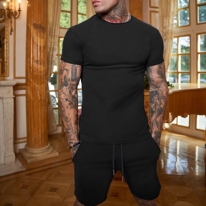 2024 neuer europäischer einfarbiger Kurzarm-Shorts-Sportanzug für den Sommer, fertiger Herrenanzug, authentisches druckbares Logo_voghion.com