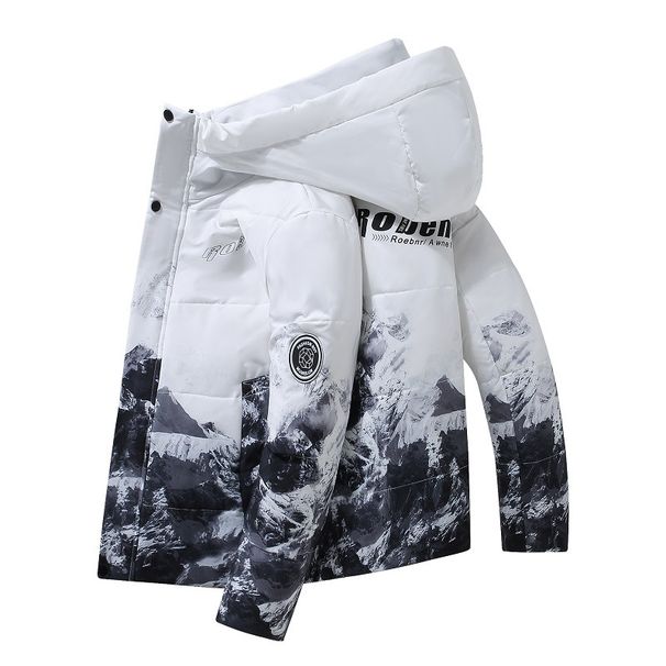 Men's Clothing Winter Couple Fashion Snow Mountain Down Jacket, Lightweight Short Puffy Coat With White Duck Feather, Loose Fit Warm Hooded_voghion.com