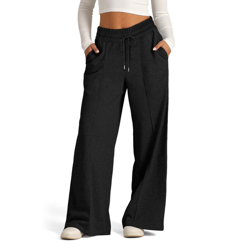 Women's High-Waisted Wide-Leg Pants - Soft Stretch Polyester Blend With Adjustable Drawstring For Casual Comfort_voghion.com