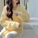 girl Cream Yellow Mink Velvet V-Neck Sweater Women, Loose Gentle Lazy Style Pullover Knitwear For Autumn And Winter, Thick_voghion.com