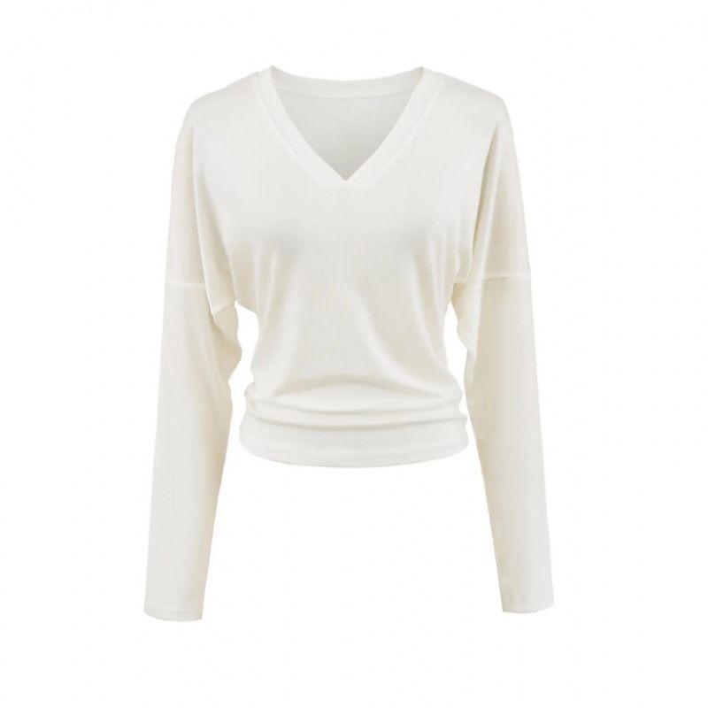Women's V-Neck Tencel Long Sleeve T-Shirt – Slim Fit Basic Top For Layering (White/Brown, S-L)_voghion.com