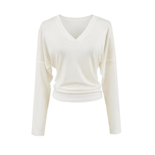 Women's V-Neck Tencel Long Sleeve T-Shirt – Slim Fit Basic Top For Layering (White/Brown, S-L)_voghion.com