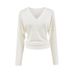 Women's V-Neck Tencel Long Sleeve T-Shirt – Slim Fit Basic Top For Layering (White/Brown, S-L)_voghion.com