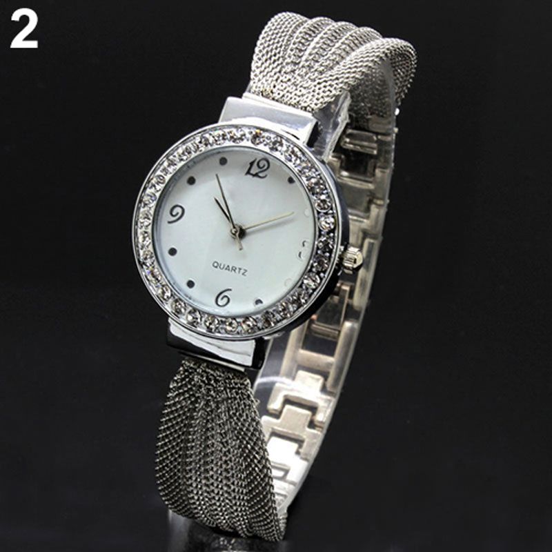 Yamaler Women\'s Inlaid Rhinestone Mesh Band Bangle Quartz Analog Bracelet Wrist Watch_voghion.com