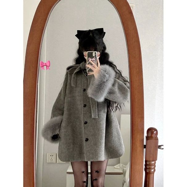 Elegante cappotto in lana grigia da donna con fiocco, manica lunga, capospalla di media lunghezza per autunno e inverno_voghion.com