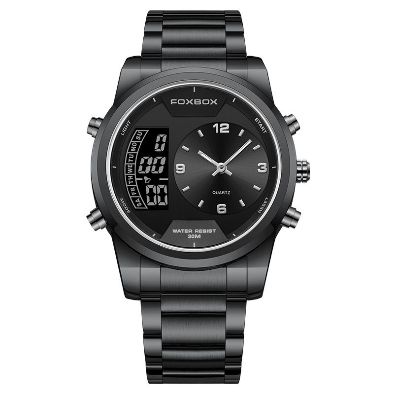 Men's Waterproof Luminous Analog Digital Watch With Alarm Chronograph, Stainless Steel Band, Mineral Glass, 43mm Round Case_voghion.com