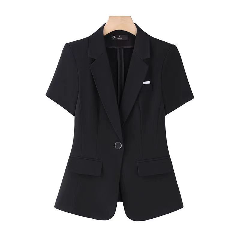 Damenbekleidung Kurzarmanzug für Frauen, dünn, professionelle Abendgarderobe, schwarze Anzugjacke, Hotel-Rezeption, Manager-Arbeitskleidung_voghion.com