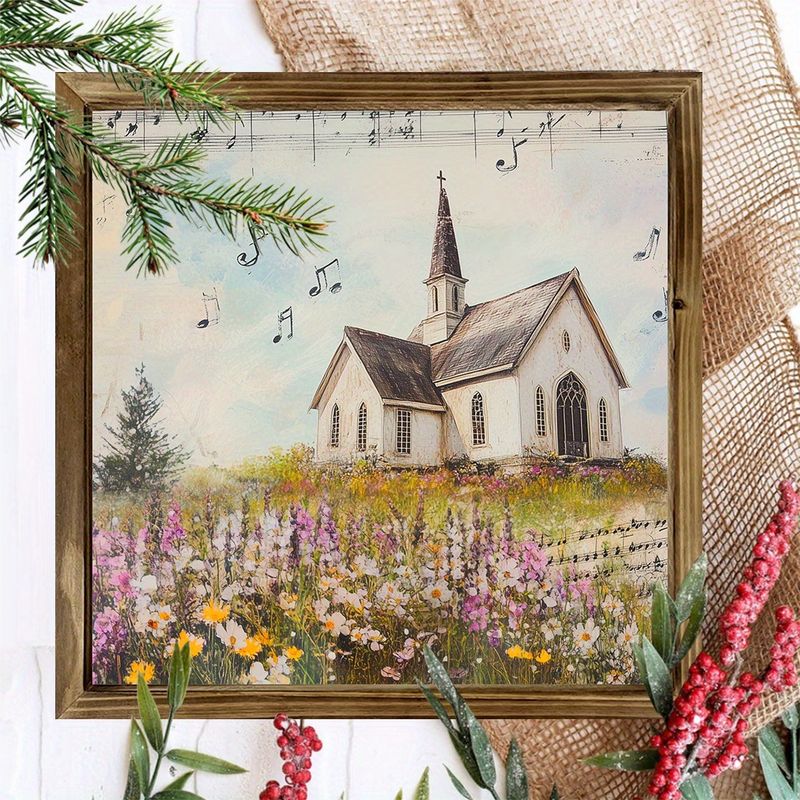 Semn rustic din lemn cu biserică și notă muzicală de 20x20 cm - Artă murală în stil rustic pentru casă/birou, cadou perfect de sărbători și decor de birou_voghion.com