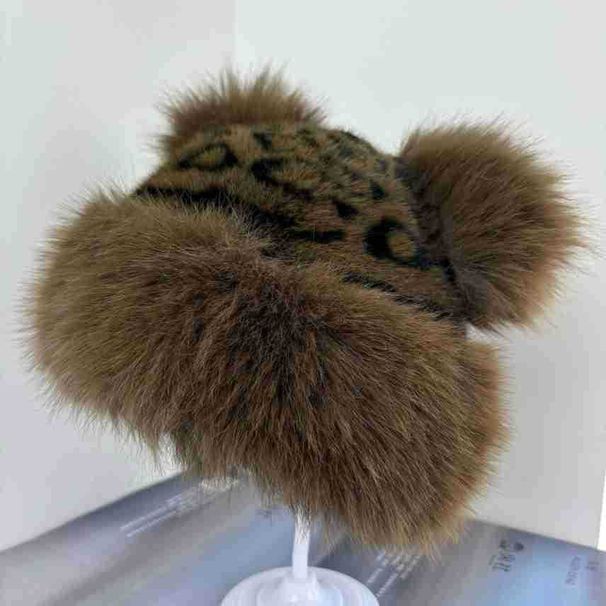 Autumn Winter Bear Ear Fashion Leopard Print Korean Version Warm Trendy Versatile Bucket Mongolian Hat_voghion.com