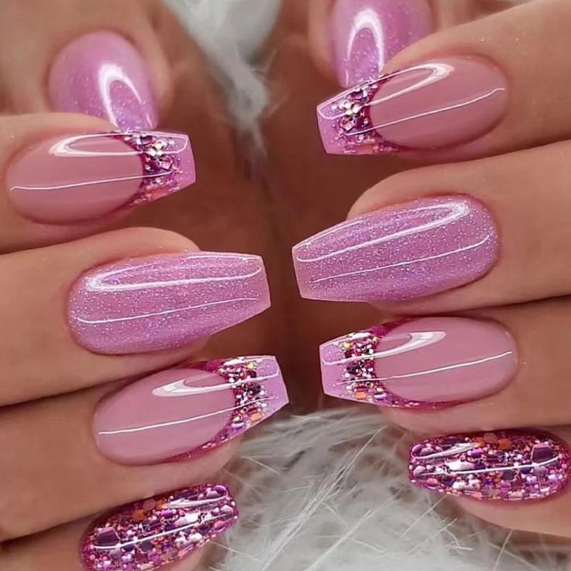 24 stuks kunstnagels lang ballet franse nepnagels met strass glitter roze hart ontwerpen druk op nagel vol_voghion.com
