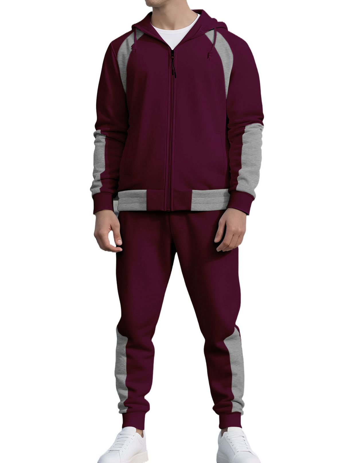 Men's Color-Block Hoodie Tracksuit Set – Oversized Zip-Up Hoodie With Contrast Panels & Matching Joggers (Dark Grey/Burgundy/White/Black)_voghion.com