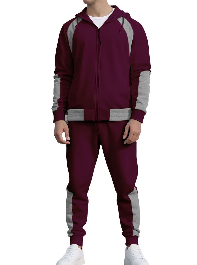 Herren-Trainingsanzug-Set mit Kapuze im Color-Block-Design – Übergroßer Kapuzenpullover mit Reißverschluss und Kontrasteinsätzen und passende Jogginghose (Dunkelgrau/Burgunderrot/Weiß/Schwarz)_voghion.com