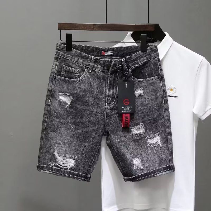 Short en jean slim à jambe droite pour homme, marque tendance, broderie, version coréenne, tendance, été, noir_voghion.com