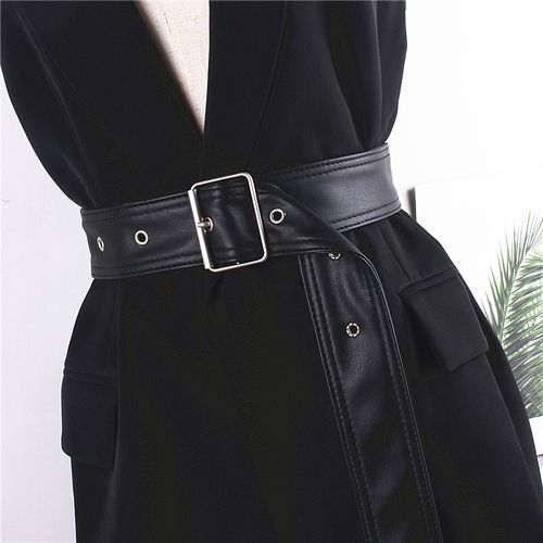 HEIßE Mode Breite Schwarz Leder Gürtel für Frauen Korsett Gürtel Trenchcoat Pelz Kleidung Damen Strap Weibliche Bund_voghion.com