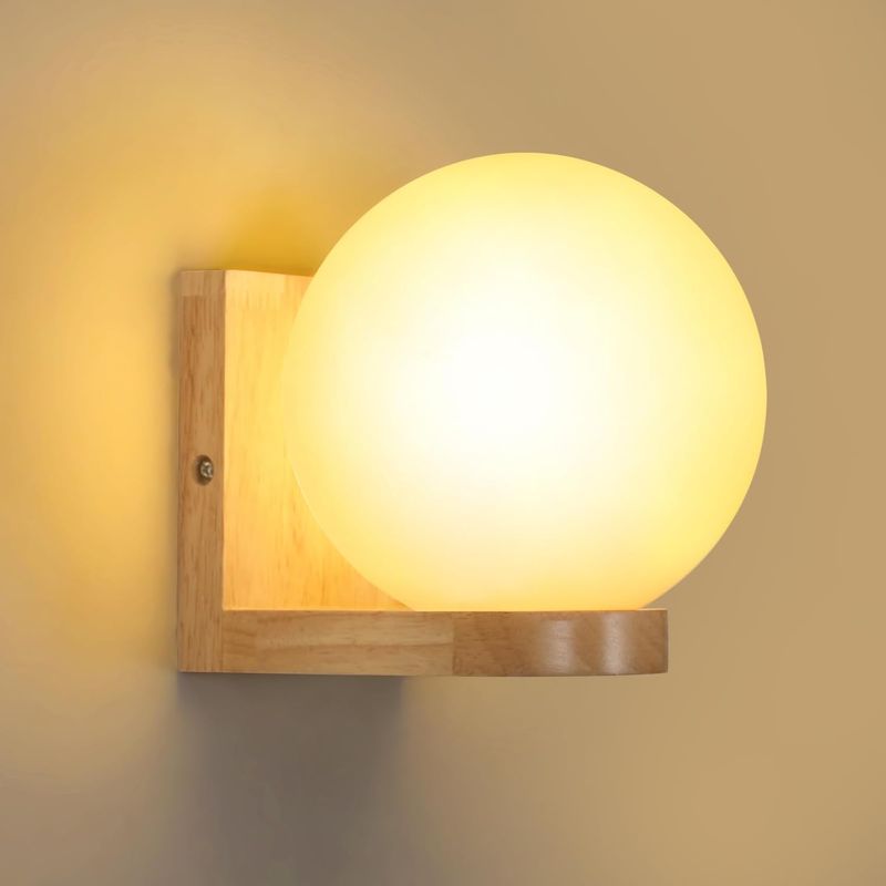 GOECO Wandleuchte im nordischen Design, Naturholz, 17x14x16 cm, rundes Glas, E27, moderne und schlichte Dekoration_voghion.com