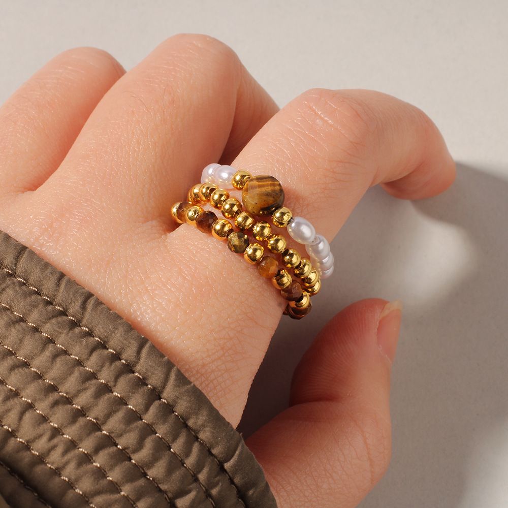 European And American Beach Style Retro Red Agate Natural Stone Ring Female Personality Stacking Imitation Pearl Elastic Rings_voghion.com