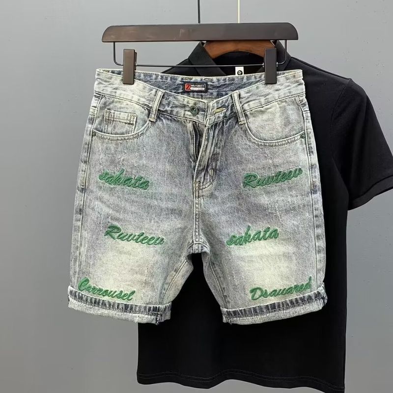 Pantaloncini da cowboy personalizzati con lettere verdi ricamate per uomo, estate 2024, stile sottile, alla moda e bello, slim_voghion.com
