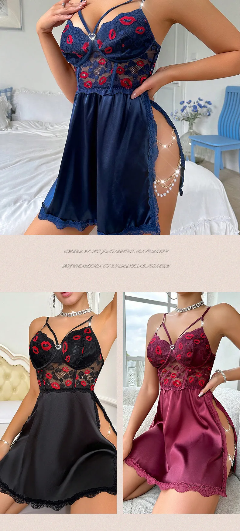 Foreign trade European and American lace sexy lingerie women's suit pure temptation sexy see through pajamas nightdress suspender skirt_voghion.com