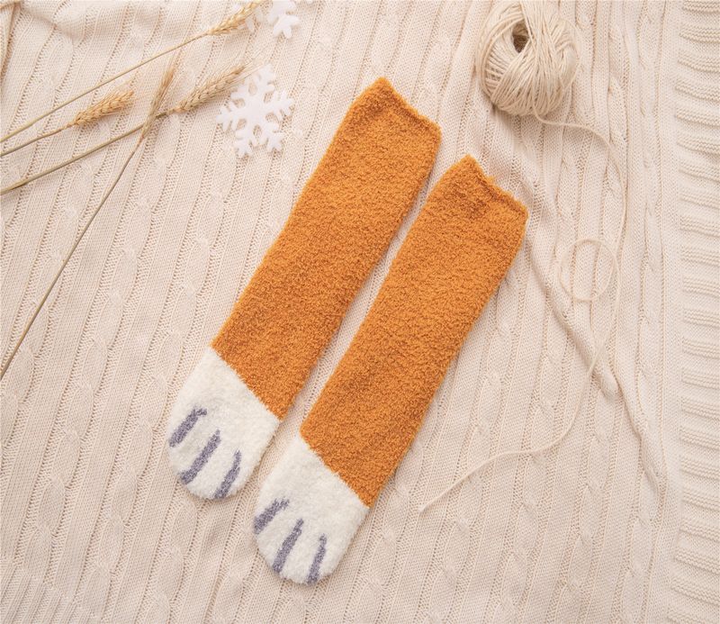 New home coral fleece socks, footprint cat paw pattern sleeping socks, thick warm winter fleece women's socks_voghion.com