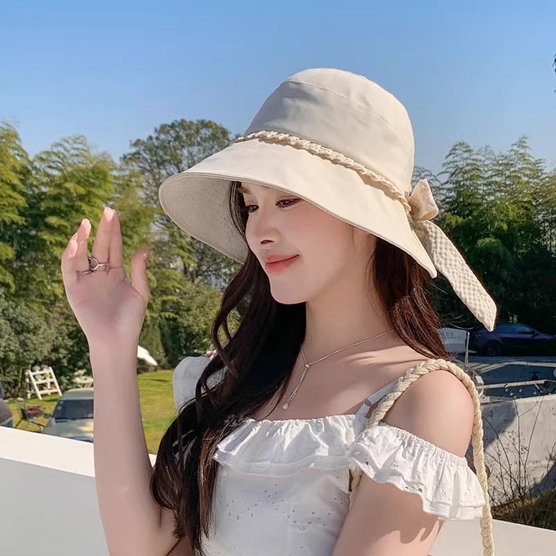 Pleated Bow Bucket Hat Women's Summer Fashion Versatile Sunscreen Hat Shopping Casual Sunshade Basin Hat_voghion.com
