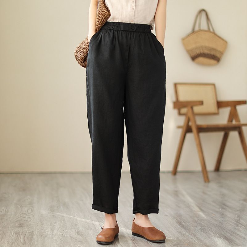 Pantalon en chanvre et coton pour femmes, taille élastique, littéraire, fin, à la mode_voghion.com