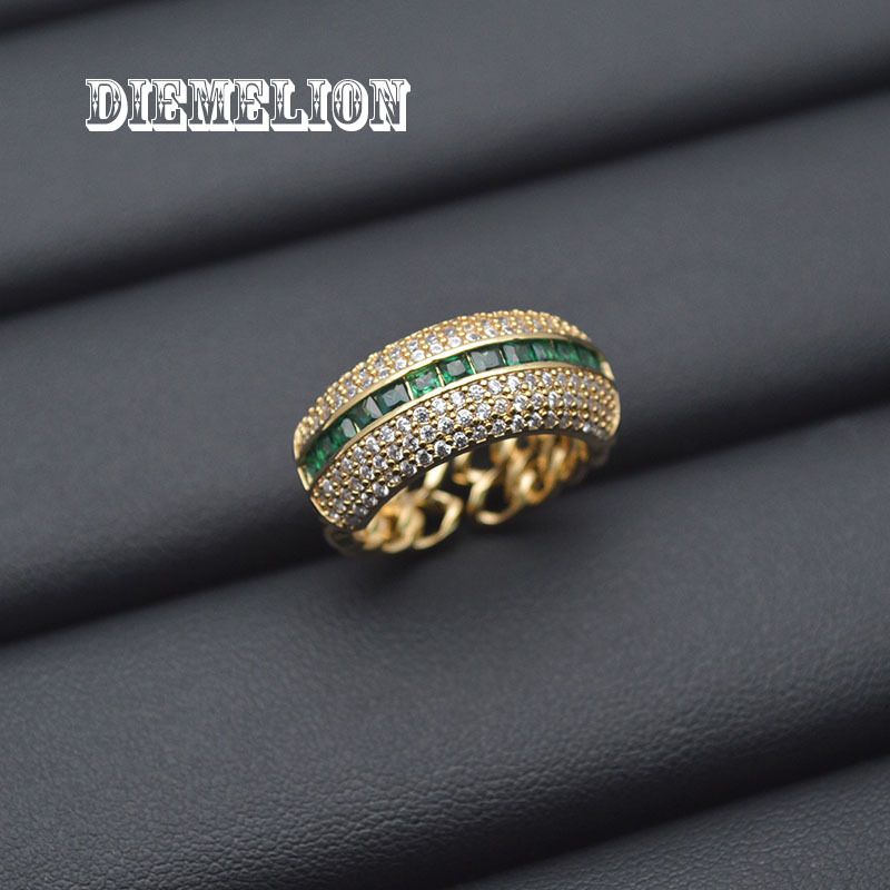 Elegant Emerald Full Gold Plated Color Retention Row Diamond Open Ring Personality Hip Hop Jewelry_voghion.com