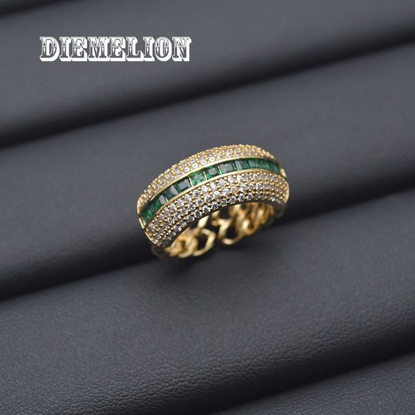 Elegant Emerald Full Gold Plated Color Retention Row Diamond Open Ring Personality Hip Hop Jewelry_voghion.com