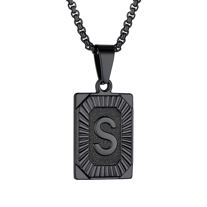 Collier pendentif initial Laatikui Black Dog Tag lettre S en acier inoxydable avec chaîne en forme de boîte et déclaration de nom pour fils, papa, mari_voghion.com