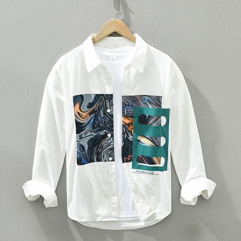 6605 Nouvelle chemise à manches longues à imprimé abstrait pour hommes Chemise ample à col carré à blocs de couleurs à la mode et tendance, une pièce pour remplacement_voghion.com