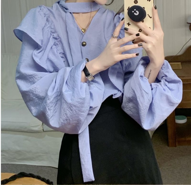 Camicia a maniche lunghe con lacci, modello francese, viola, per donna, nuovo design autunno 2024_voghion.com