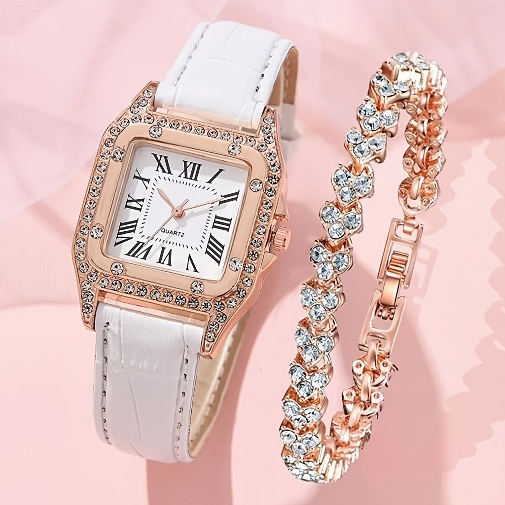 Dámská móda Trend Elegantní čtvercový ciferník Pásek Quartz hodinky + náramek s kamínky_voghion.com