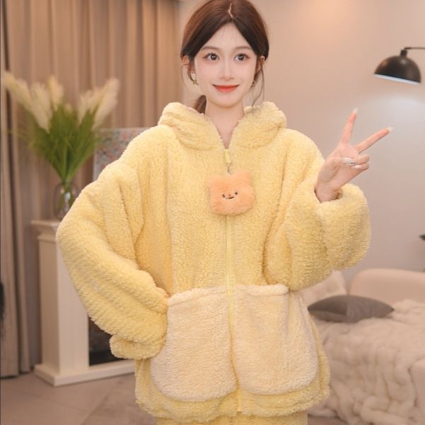 Yellow Bear Lockeres, bequemes Pyjama-Set für Damen im Herbst und Winter, verdickte Loungewear mit Kapuze_voghion.com