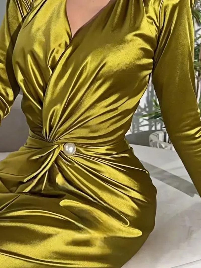 Robe de soirée en satin haut de gamme à col en V et taille haute pour femme_voghion.com