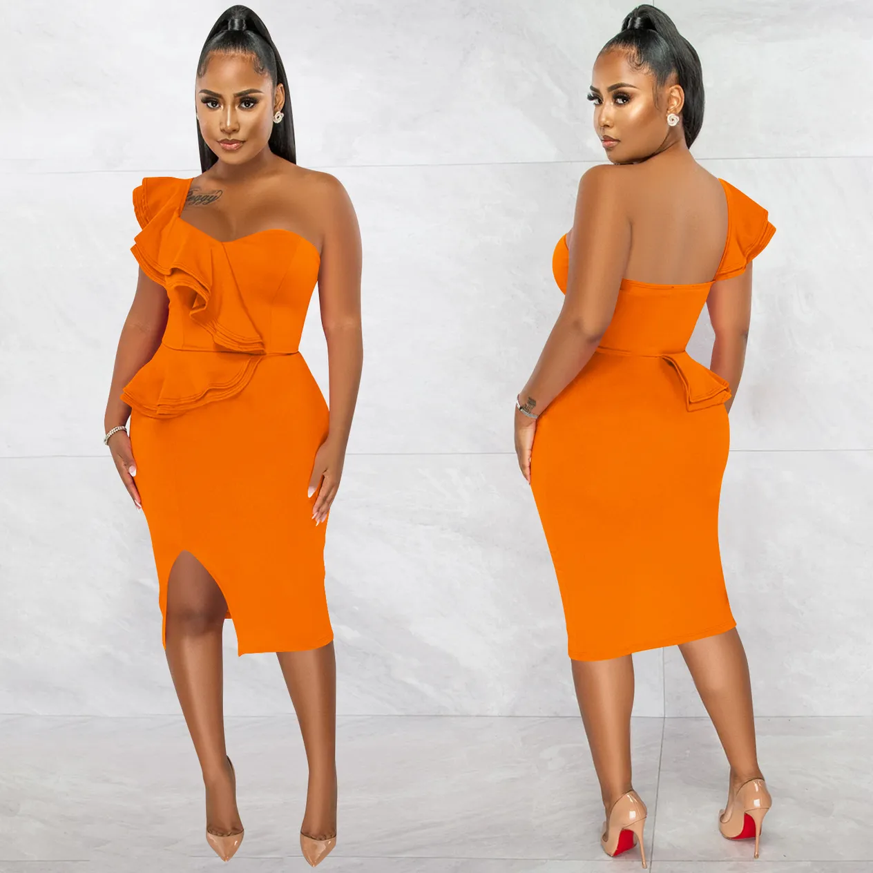 Women's Clothing fashion casual ruffled slit one shoulder sleeve dress women's clothing_voghion.com