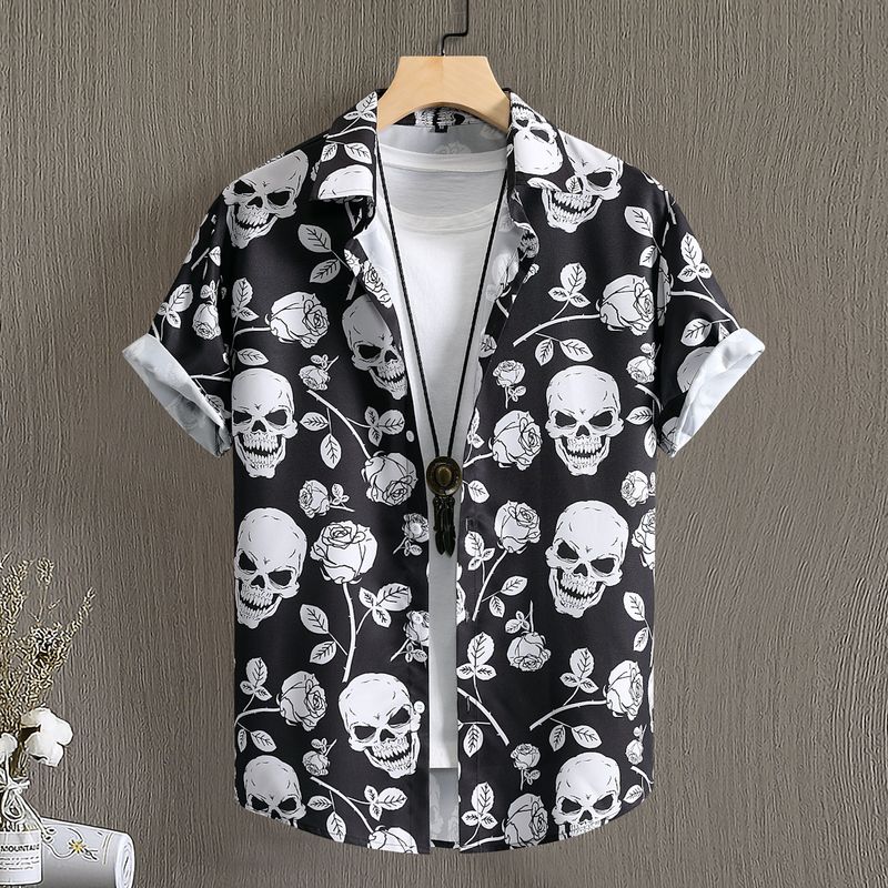 Abbigliamento da uomo 2024 estate nuova camicia da uomo stile retrò da uomo nero rosa testa teschio camicia a maniche corte con stampa digitale_voghion.com