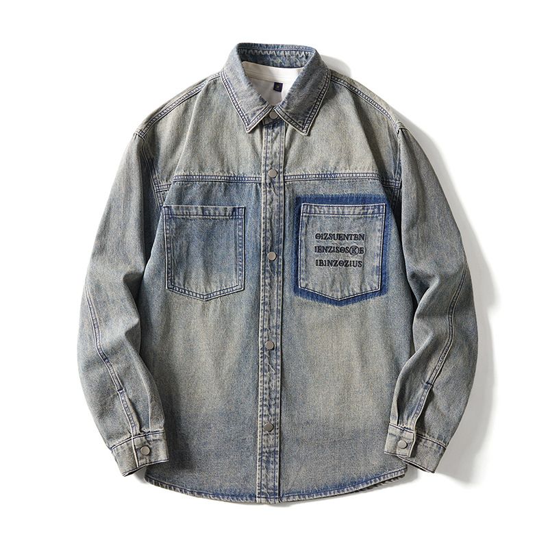 Herrenbekleidung Einfaches Jugend-Retro-Nostalgie-Jeanshemd Loses, lässiges Langarmhemd in Übergröße Herrenmode-Shirt_voghion.com