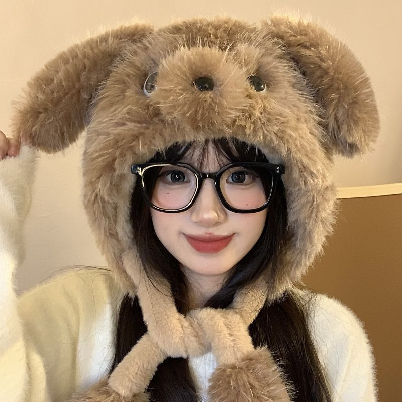 Cute Puppy Plush Hat For Women Autumn And Winter Cartoon Moving Ears Earmuffs Thick Warm Cold Hat_voghion.com