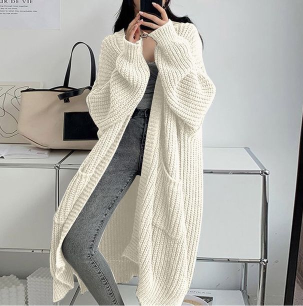 Oversized Longline Knit Cardigan For Women – Cozy Open-Front Sweater Coat With Extra Length, Thick Acrylic Blend For Autumn & Winter_voghion.com