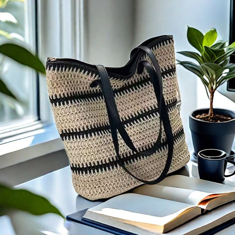Borsa tote da spiaggia estiva Mori 2024 in paglia intrecciata, stile francese casual, grande capacità, a tracolla singola, da ascella_voghion.com
