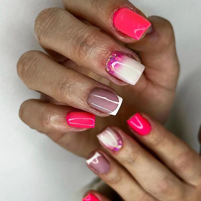 Ballet 24 stuks korte kunstnagels roze rood glitter nepnagels draagbaar Frans vierkant pers op nagels volledige dekking na_voghion.com
